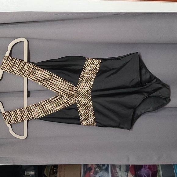 Unbranded Womens Swimsuit One Piece Black W/Gold Ric A Rac Sequins Size XL EUC - Picture 1 of 9